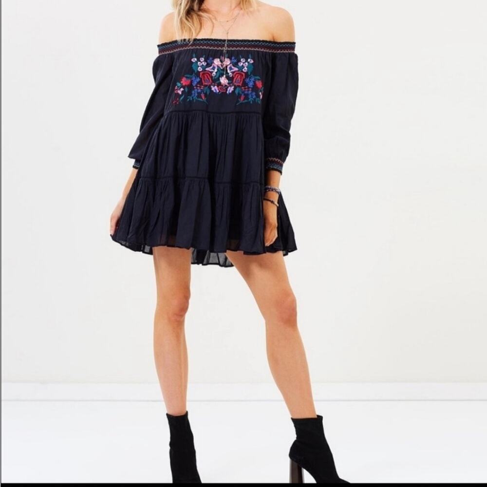 Free People Navy Off the Shoulder Mini Dress Bishop Sleeve Tiered Floral